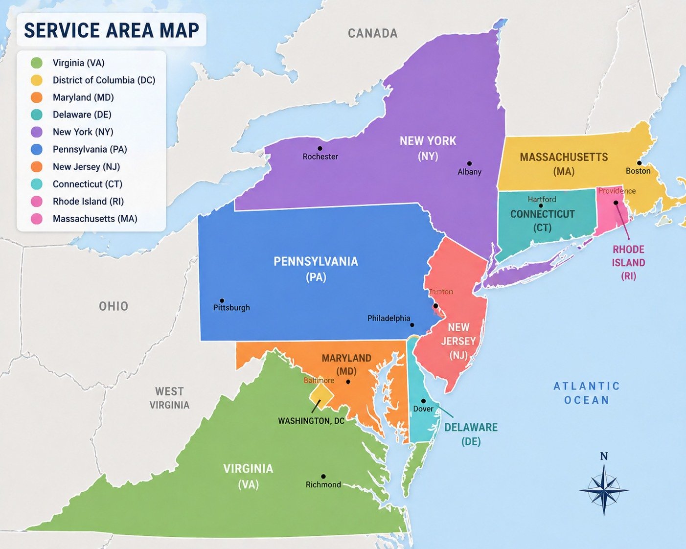 East Coast Coverage Map - DMV, DE, PA-NY-NJ, MA-CT-RI